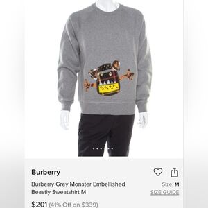 BURBERRY Light Grey Monster  Embellished Beastly Sweatshirt Men Rare Crewneck 36